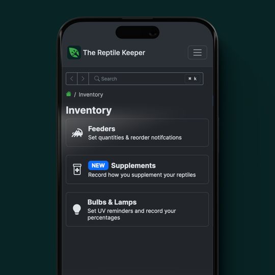 The Reptile Keeper web app shown on mobile